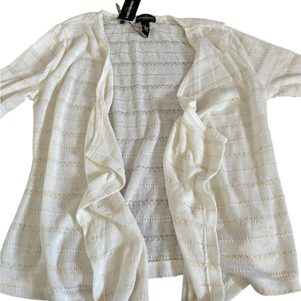 Karen Brooks Medium Long Knit Open Front Drape Sweater Striped White Tan NWT